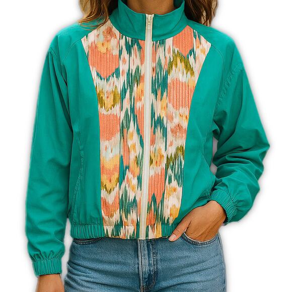 Vintage 80s Windbreaker Jacket Seafoam Green Ikat Print Size M - Picture 1 of 10